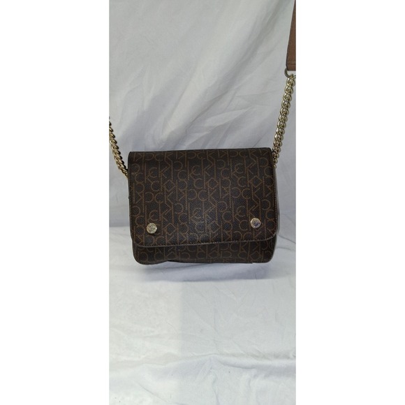 Calvin Klein Handbags - CK Calvin Klein Susan Saffiano Leather Signature Crossbody Bag Brown Monogram